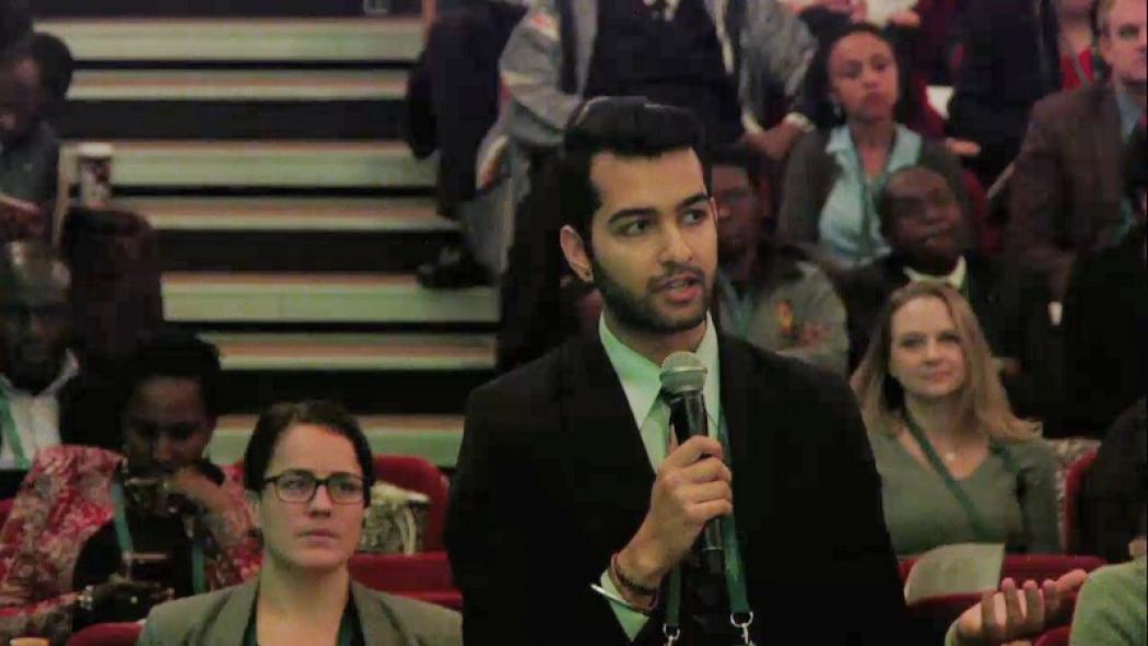 Arush Lal asks a question during a plenary at the Fourth Global Forum on Human Resources for Health in Dublin, Ireland, Nov. 13–17, 2017.