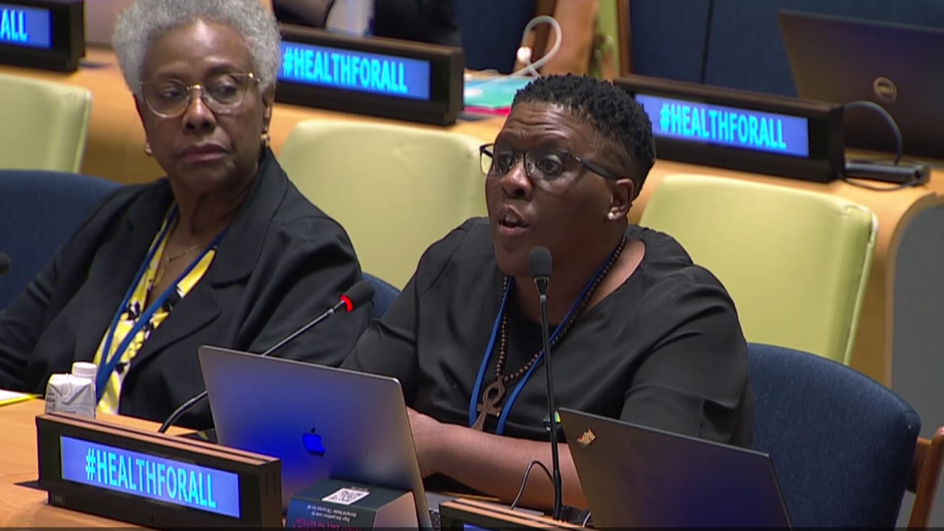 Babalwa Mbono, Strategic Project Officer for mothers2mothers and former Mentor Mother, delivers an intervention at the United Nations Multi-Stakeholder Hearing on Universal Health Coverage in New York, May 2023.