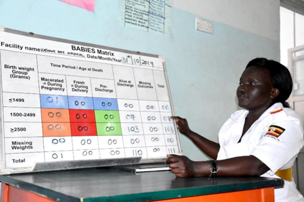 The BABIES matrix is a simplified quality-improvement methodology for collecting and displaying data. It was introduced and implemented by the Katakwi Hospital to improve services. Photo courtesy of Irene Mirembe. 