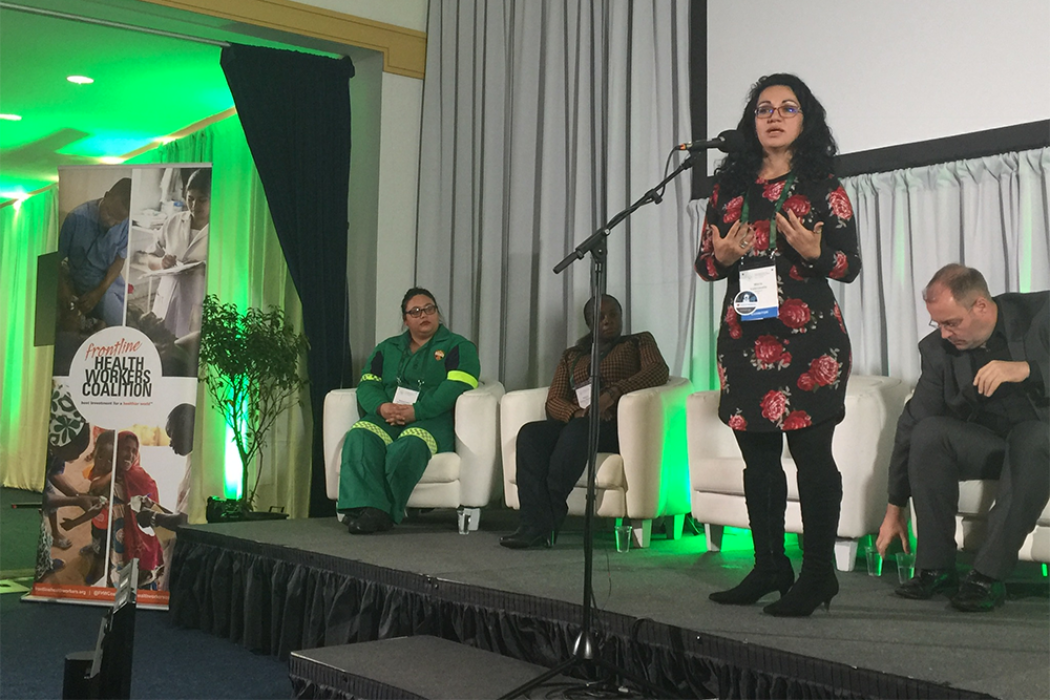 Maria Valenzuela, a community health worker for Esperança in Phoenix, Arizona, speaks at the “Lives in Their Hands” storytelling night Nov. 13, 2017, co-sponsored by the Frontline Health Workers Coalition, Global Health Workforce Network, Women in Global Health, and the World Health Organization. Photo courtesy Frontline Health Workers Coalition and IntraHealth International.