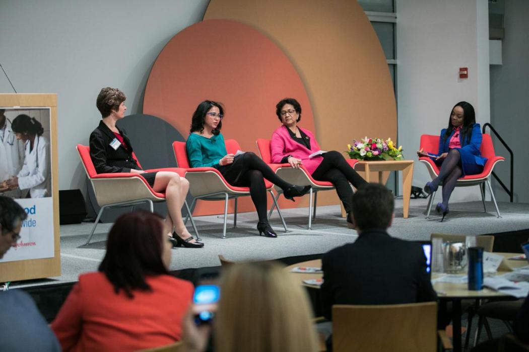 Linord Moudou, Geeta Rao Gupta, Dr. Roopa Dhatt, and Julia Bluestone speak on a panel addressing Women in the Health Workforce. Courtesy Amy Fletcher.