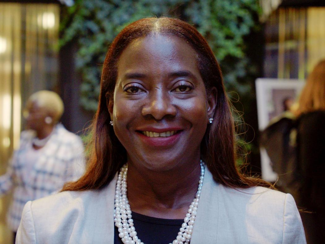 Nurse Sandra Lindsay, the first person in the U.S. to get the COVID-19 shot, tells her story at the Johnson & Johnson "Stories from the Heart of Health" event on the sidelines of the 77th Session of the UN General Assembly." Photo Credit: Johnson & Johnson's Center for Health Worker Innovation.