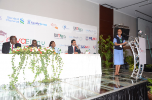 Mercy Wangui Kariuki speaks at the launch event for the Afya Elimu Fund in Nairobi, Kenya. Courtesy of IntraHealth International. 