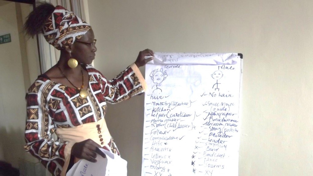 A Kenyan health educator field tests an activity on identifying gender expectations: what are unfair or unrealistic expectations, and how so many characteristics are not gender-specific. Courtesy Hesperian Health Guides.